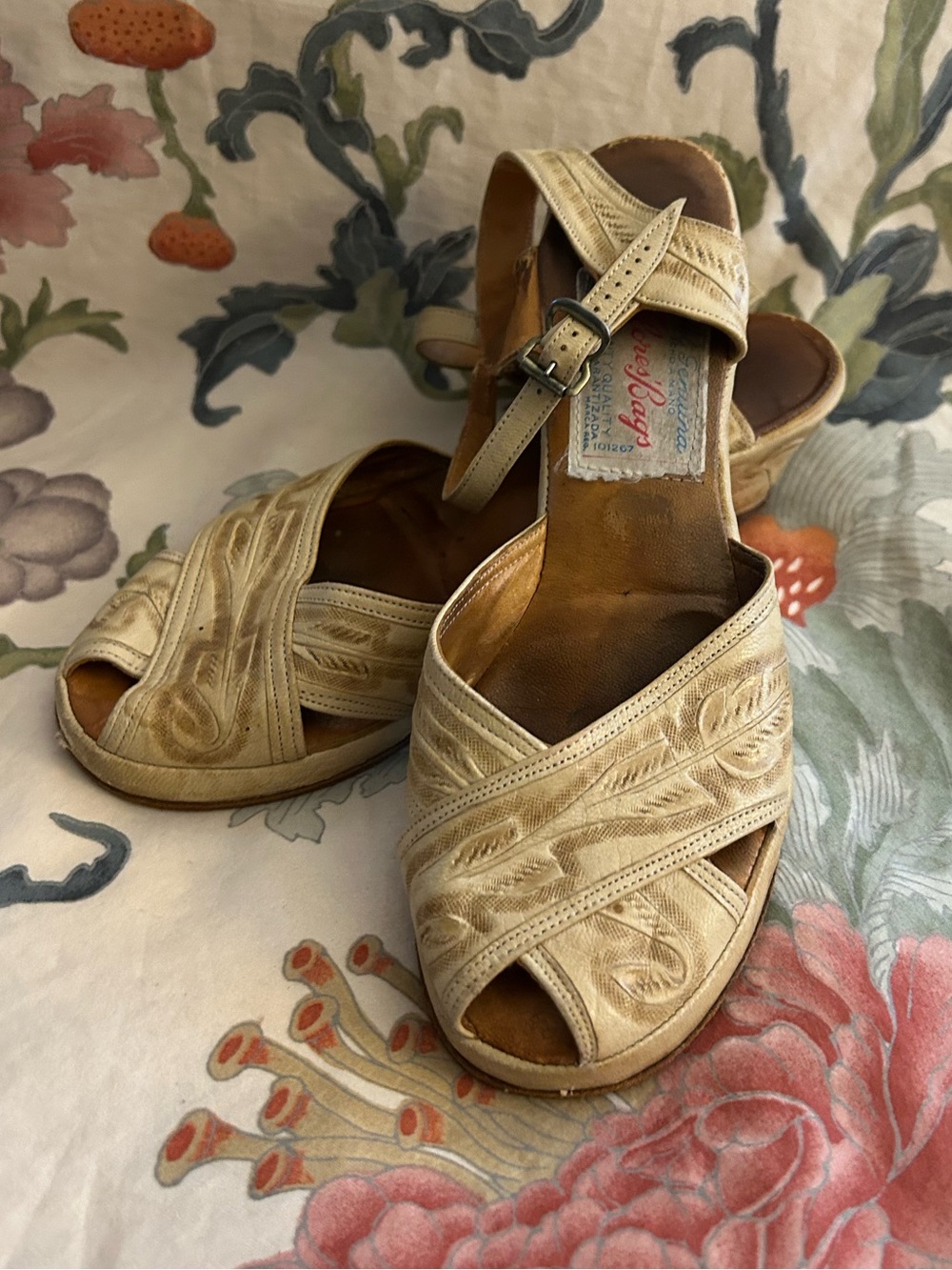 True Vintage Tooled Leather Wedge Sandals